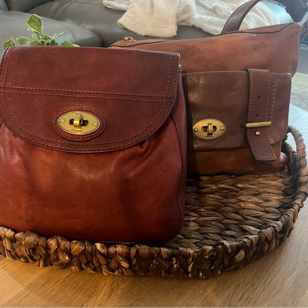2 Excellent Condition Vintage Leather Bags with Solid Brass Hardware - Fossil